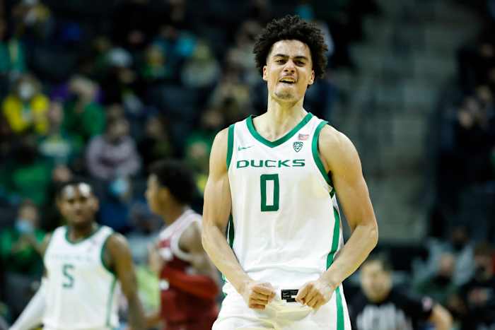 Feb 10, 2022; Eugene, Oregon, USA; Oregon Ducks guard Will Richardson (0) reacts after a three-point basket during the second half against the Stanford Cardinal at Matthew Knight Arena.
